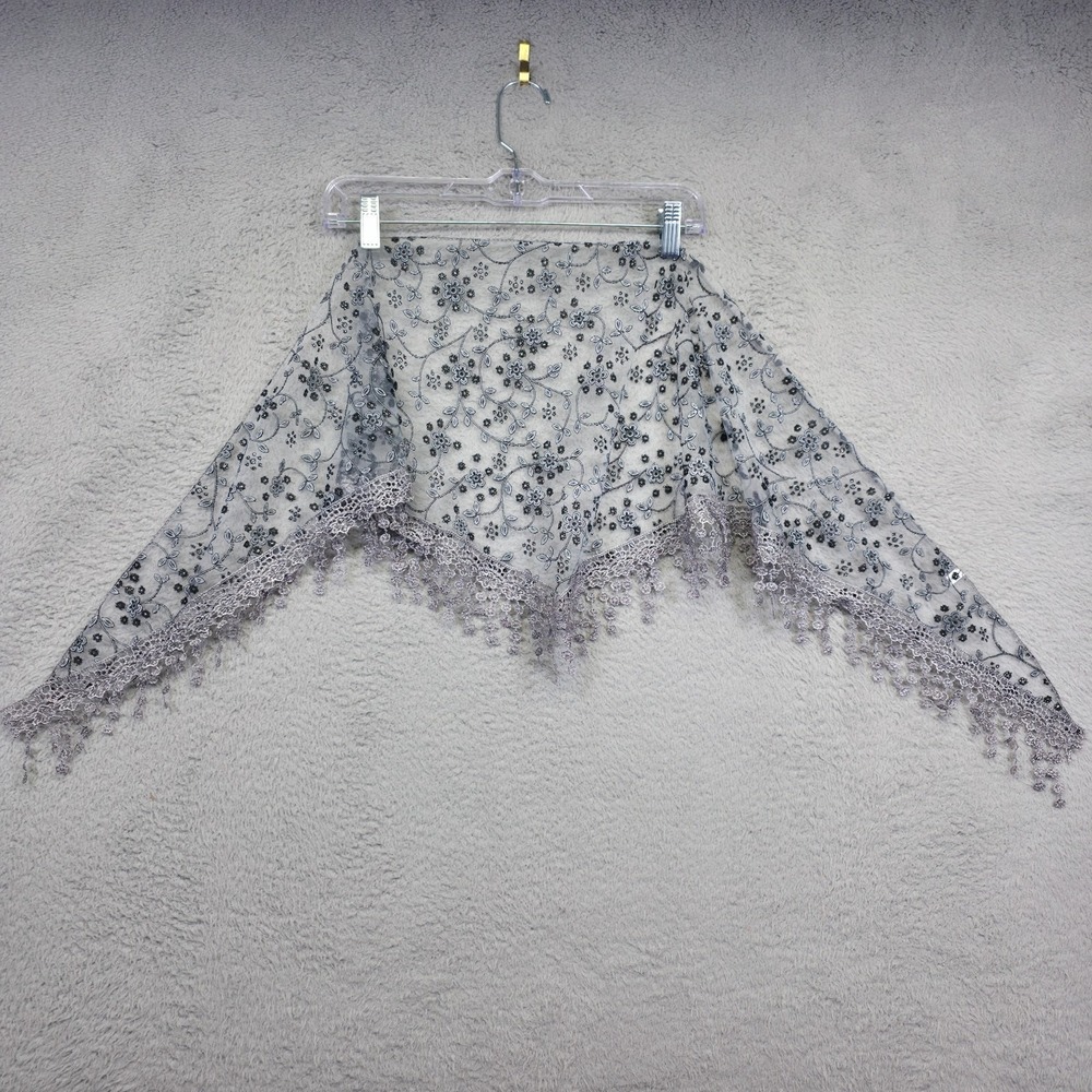 Womens Scarf Gray‎ Floral Embroidered Lace Fringe Mesh See Through Boho 52 in